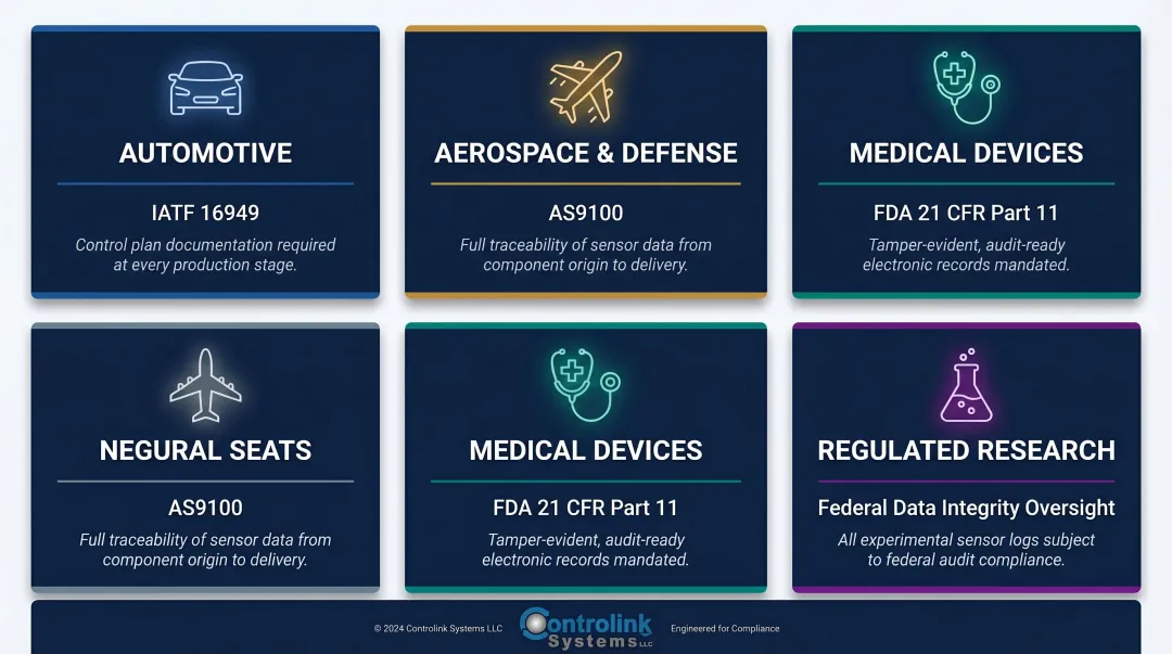 Four manufacturing industries requiring sensor data logging with applicable compliance standards