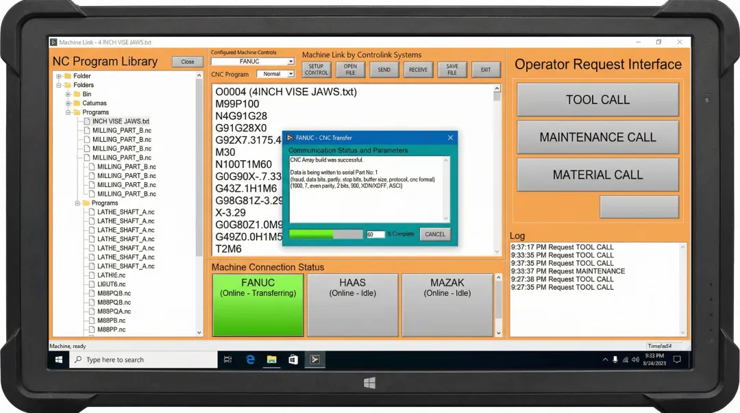 Controlink DNC software interface displaying NC program library and machine connection status