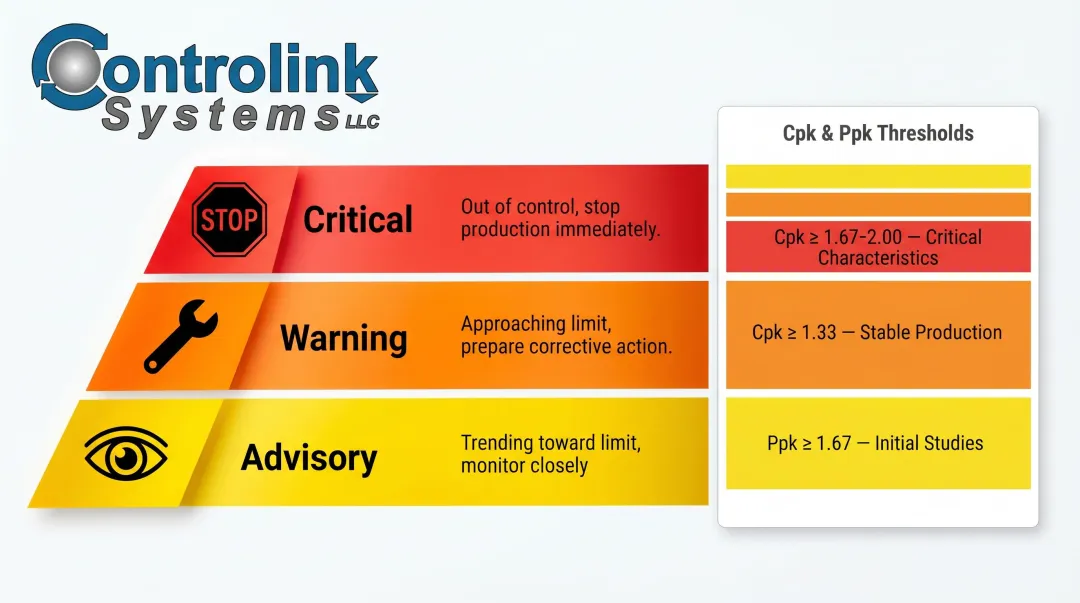 Three-tier manufacturing alarm threshold levels advisory warning and critical comparison chart