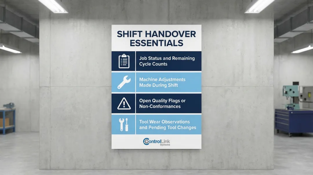 Four-point CNC shift handover checklist preventing production errors between shifts