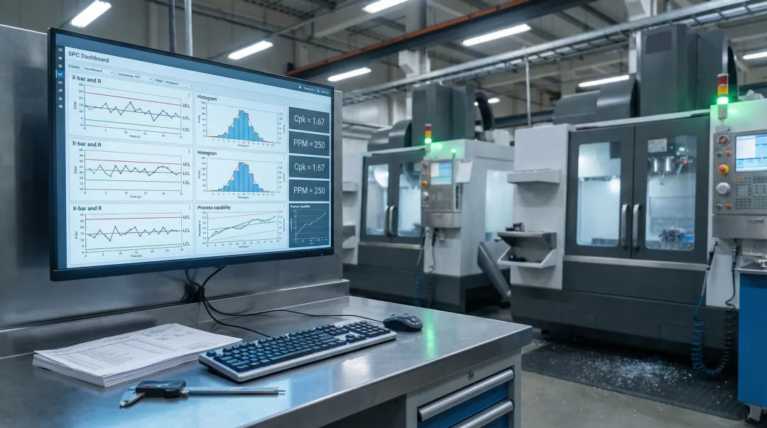 CNC shop floor with real-time SPC quality monitoring dashboard displaying live data