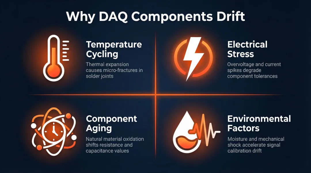 Four causes of DAQ component aging and measurement drift infographic