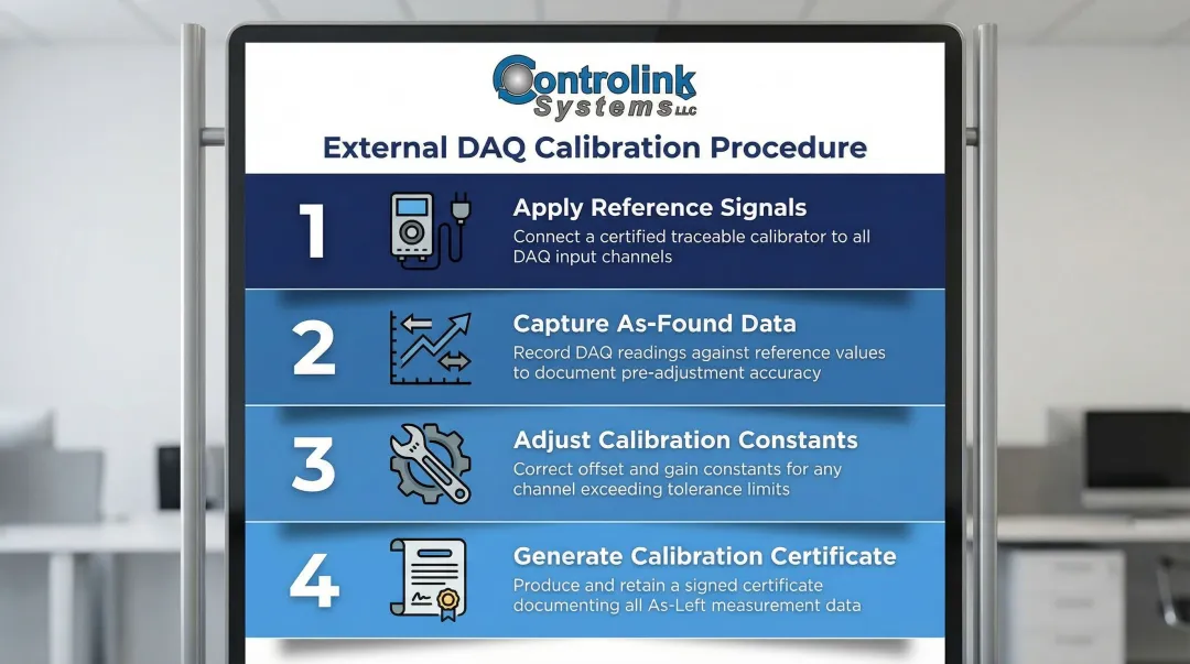 Four-step external DAQ calibration procedure from reference signal to certificate
