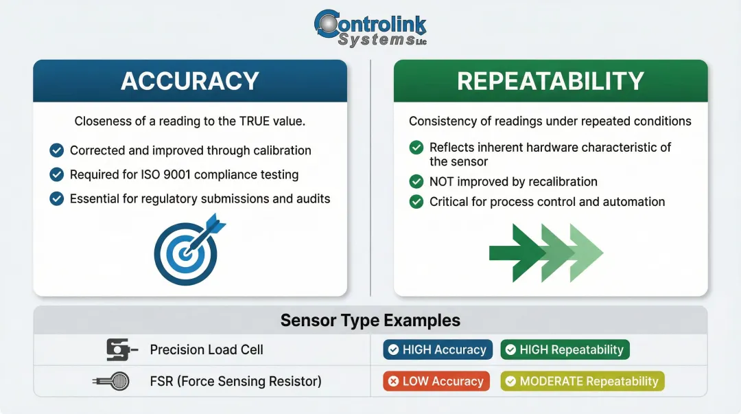 Force sensor accuracy versus repeatability side-by-side comparison with application examples