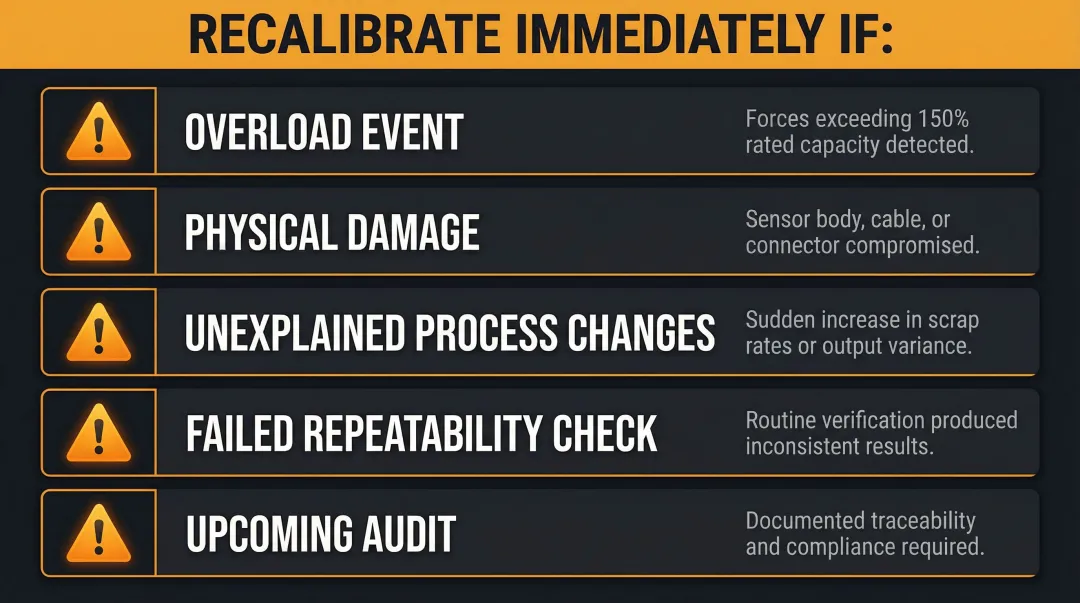 Five event-triggered force sensor recalibration conditions checklist infographic