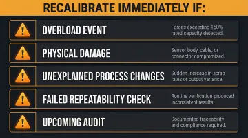 Five event-triggered force sensor recalibration conditions checklist infographic