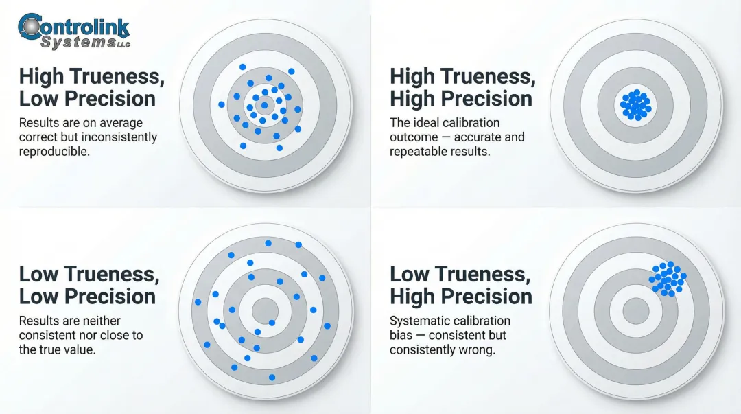 Trueness versus precision four-quadrant target diagram for force sensor measurements