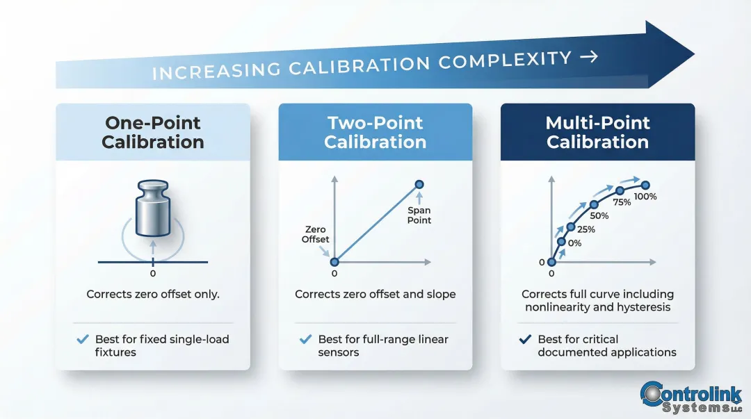 Three force sensor calibration procedures one-point two-point and multi-point comparison chart