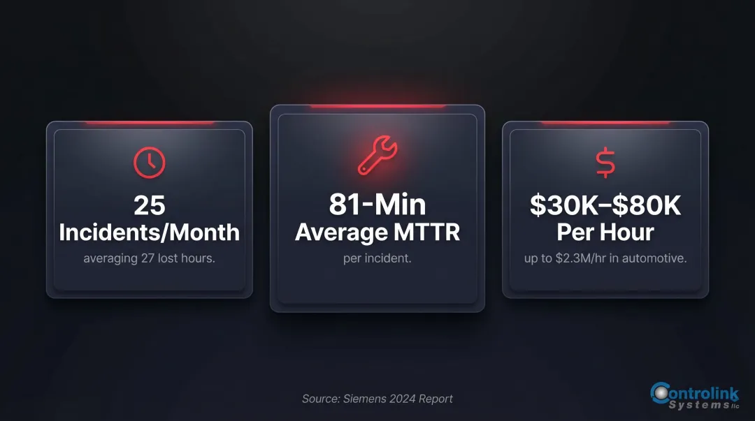 Manufacturing unplanned downtime cost statistics infographic with hourly loss benchmarks
