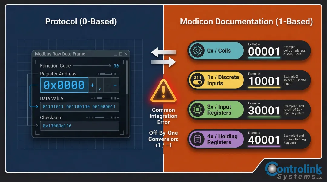 Modbus 0-indexed versus 1-indexed addressing convention comparison with register prefix examples