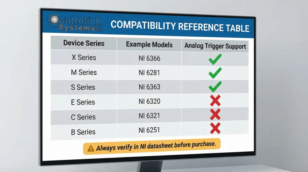 NI DAQ device series analog trigger compatibility reference chart by model
