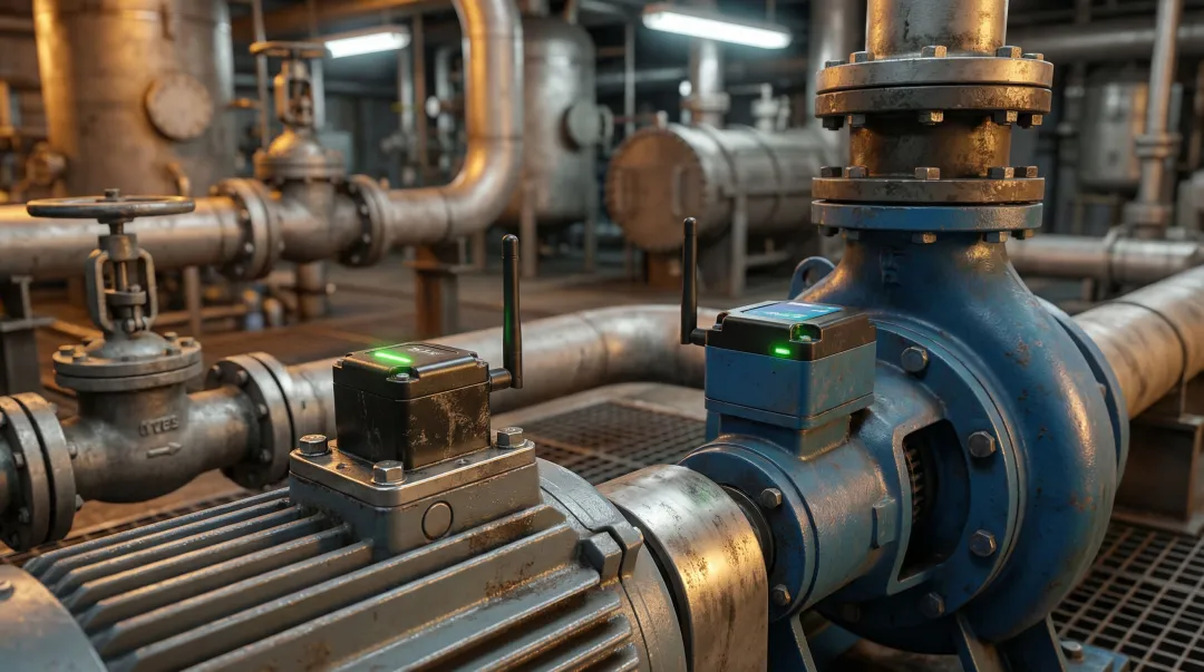Industrial wireless condition monitoring sensors installed on process plant equipment