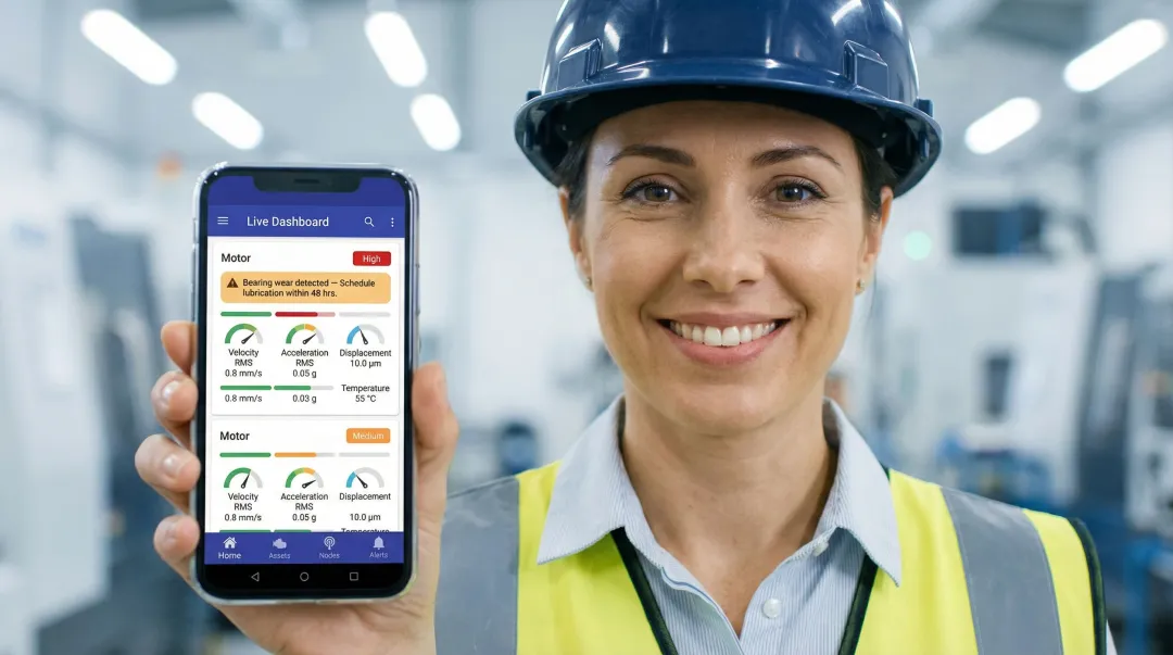 AI-powered condition monitoring mobile dashboard displaying bearing fault diagnosis alert