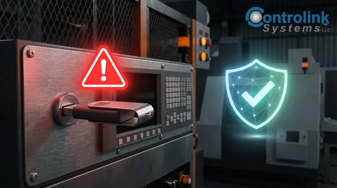 Cybersecurity risk visualization showing USB drive threat to industrial CNC network