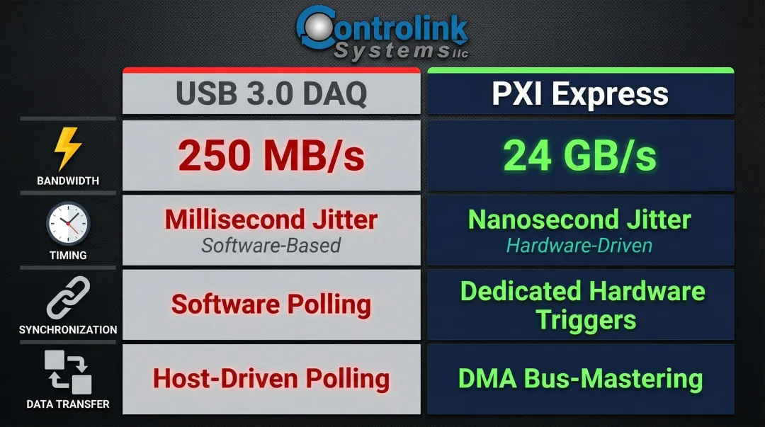 USB 3.0 DAQ versus PXI Express performance comparison across four key metrics