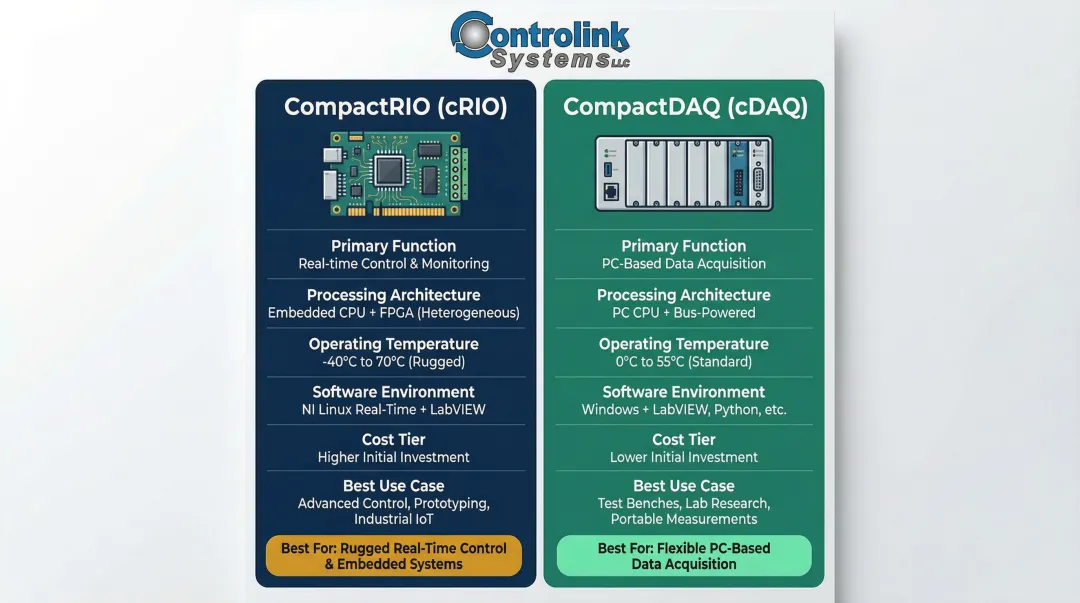 CompactRIO versus CompactDAQ side-by-side specification comparison infographic