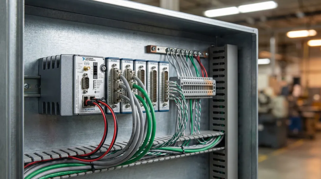 CompactRIO controller deployed in rugged industrial manufacturing environment with sensors