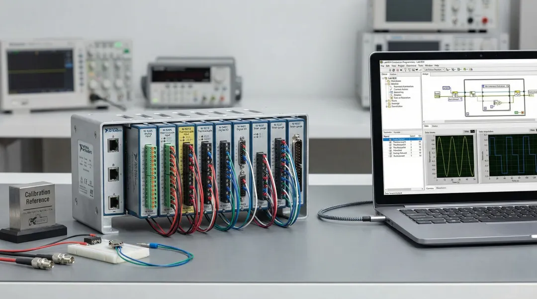 CompactDAQ chassis connected to laptop for benchtop sensor measurement and validation testing