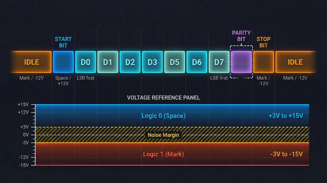 RS-232 data frame structure showing start bit data bits parity and stop bit