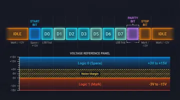 RS-232 data frame structure showing start bit data bits parity and stop bit