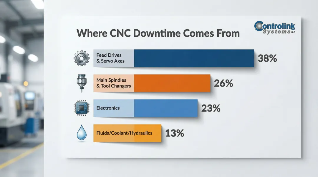CNC machine downtime causes breakdown showing feed drives spindles electronics and fluids percentages