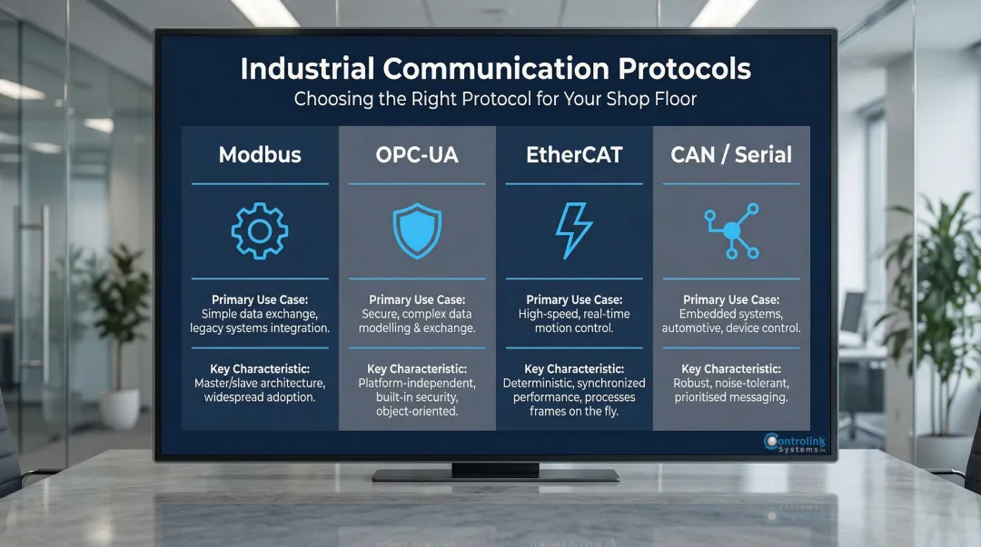 Industrial field protocol comparison chart Modbus OPC-UA EtherCAT CAN serial use cases