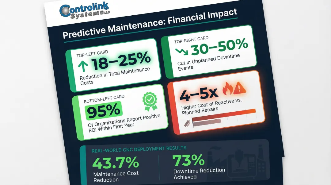 Predictive maintenance ROI statistics showing downtime reduction and cost savings data