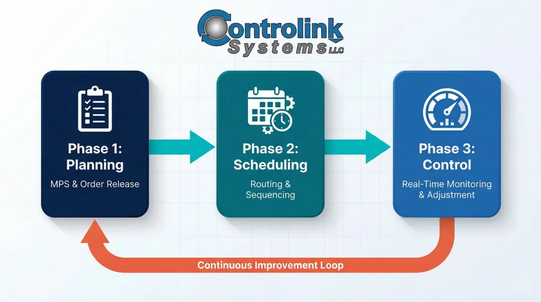 Three-phase shop floor control framework planning scheduling and control cycle