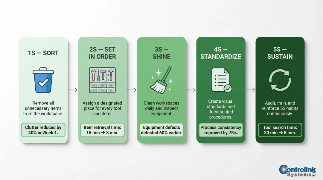5S methodology five pillars sort set shine standardize sustain manufacturing framework