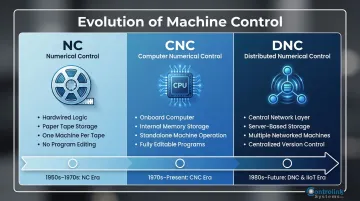 NC versus CNC versus DNC three-generation machine automation comparison chart