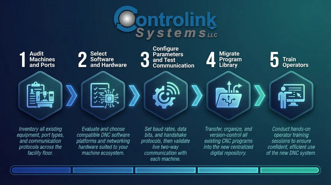 Five-stage DNC system implementation process from machine audit to operator training
