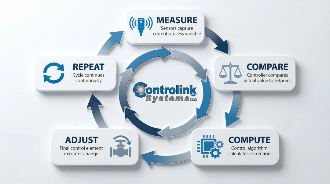 5-step closed-loop process control cycle from measure to repeat