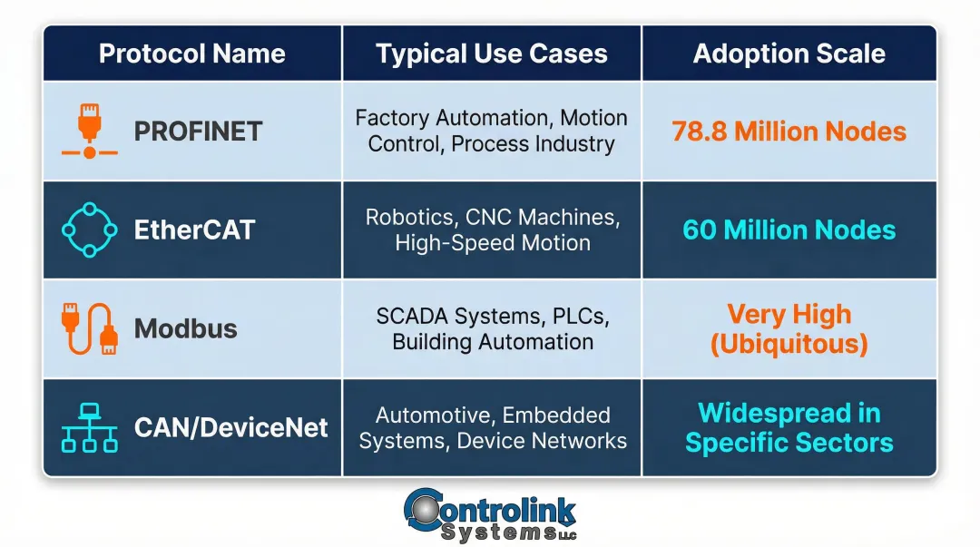 Industrial communication protocols comparison chart showing use cases and adoption scale