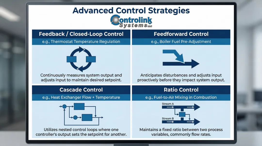 Four industrial process control strategies comparison feedback feedforward cascade and ratio