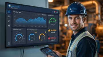 Industrial predictive maintenance dashboard displaying machine health vibration and temperature trend data