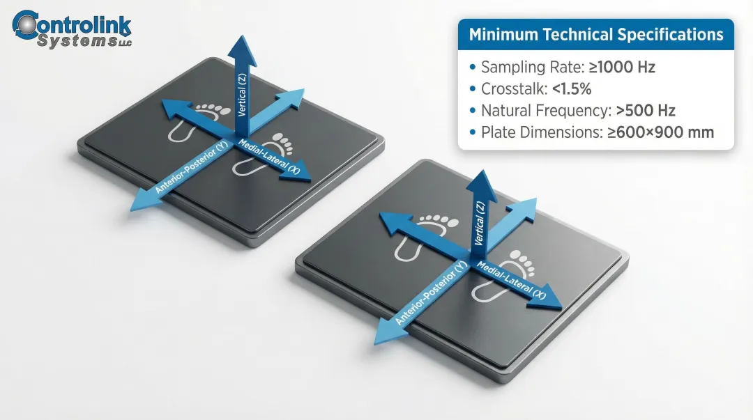 Force plate COD setup configuration showing dual plate layout and sampling requirements