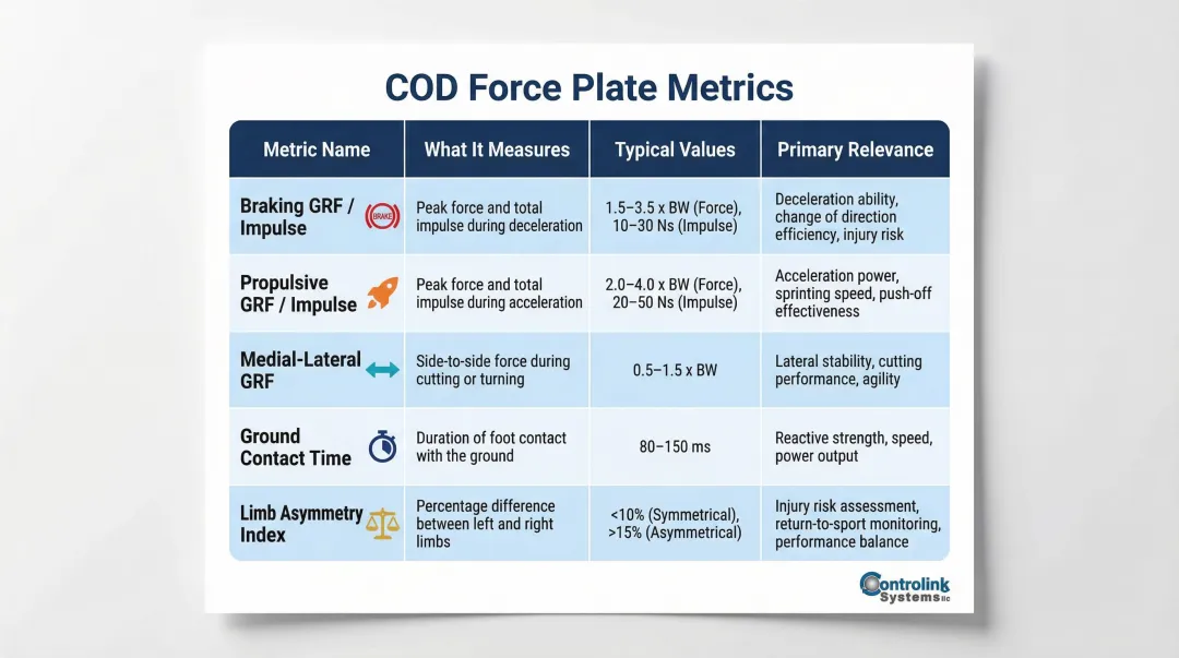 Five COD force plate metrics comparison chart with values and athletic performance relevance