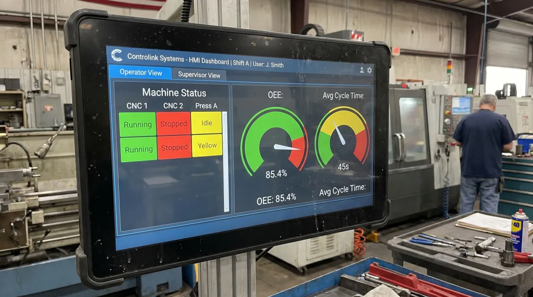 Controlink Systems shop floor HMI dashboard displaying real-time machine status and OEE metrics