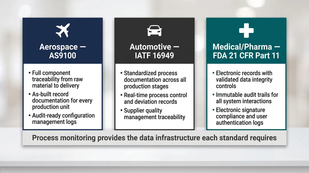 Manufacturing compliance standards AS9100 IATF 16949 FDA 21 CFR Part 11 process monitoring requirements