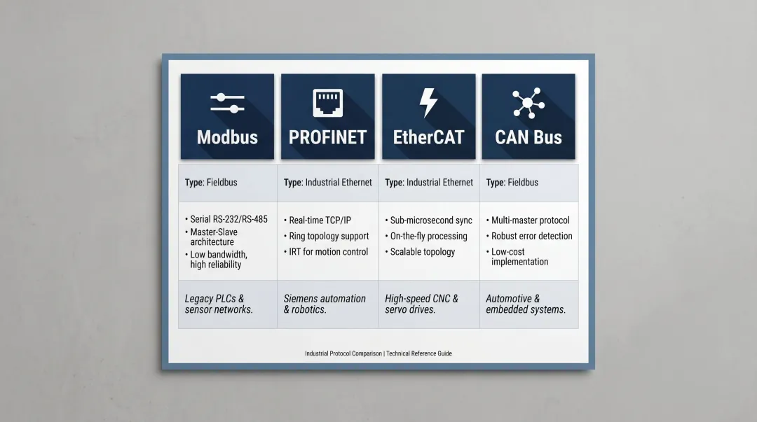 Industrial communication protocols comparison chart Modbus PROFINET EtherCAT CAN overview