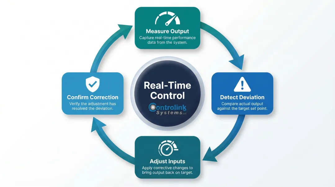 Closed-loop process control feedback cycle four-step continuous monitoring diagram