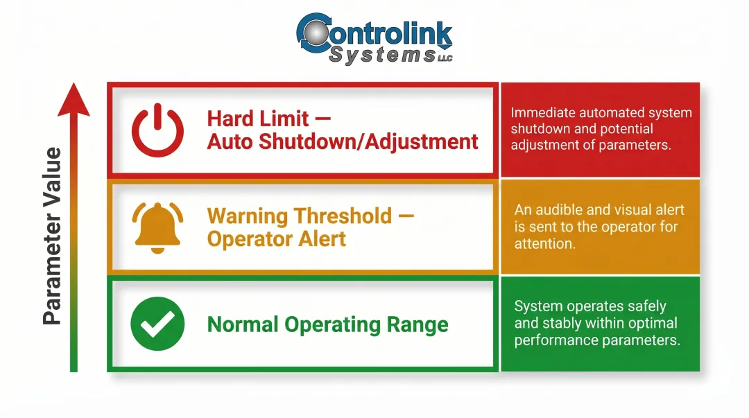 Process control threshold levels warning limits and hard stop limits comparison infographic