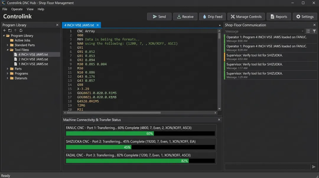 Controlink DNC software interface managing multiple CNC machine file transfers simultaneously