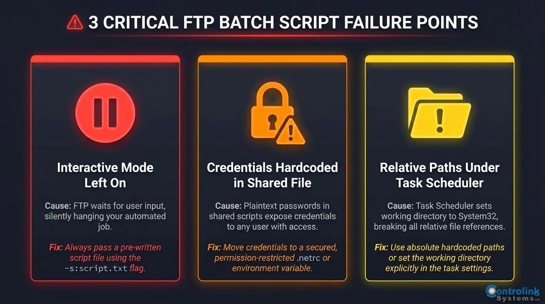 Three critical FTP batch script mistakes interactive mode credentials and relative paths explained