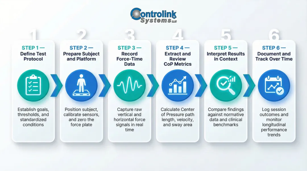 6-step force plate balance assessment process from protocol setup to documentation