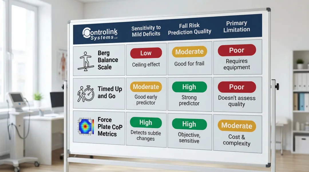 Balance assessment tool comparison chart sensitivity fall risk prediction and limitations