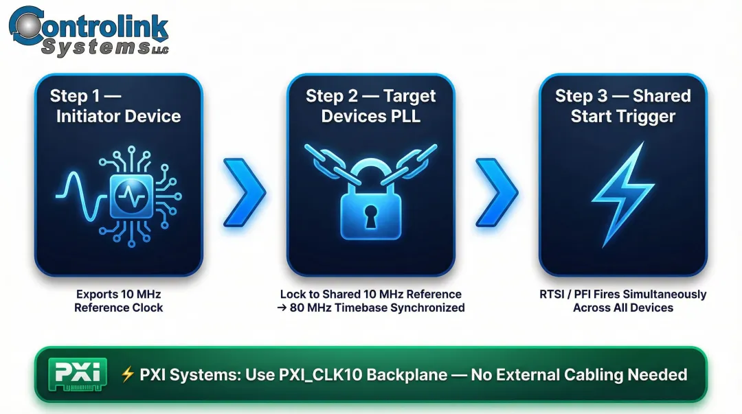 3-step multi-device M Series synchronization process using RTSI and PLL
