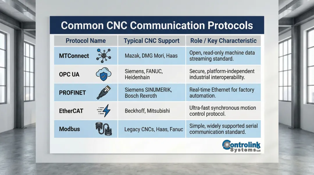 Five CNC communication protocols comparison table with support and role breakdown
