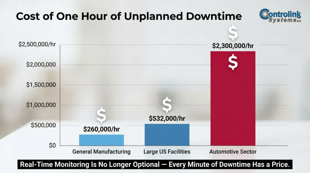 Unplanned manufacturing downtime cost per hour comparison across three industry sectors