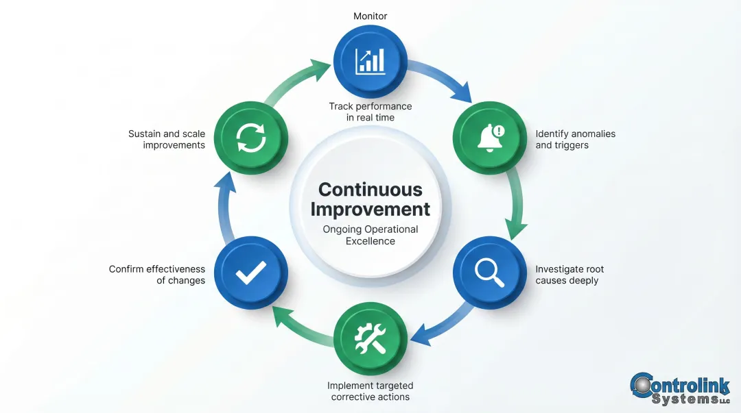 Six-step closed-loop process monitoring improvement cycle from monitor to repeat